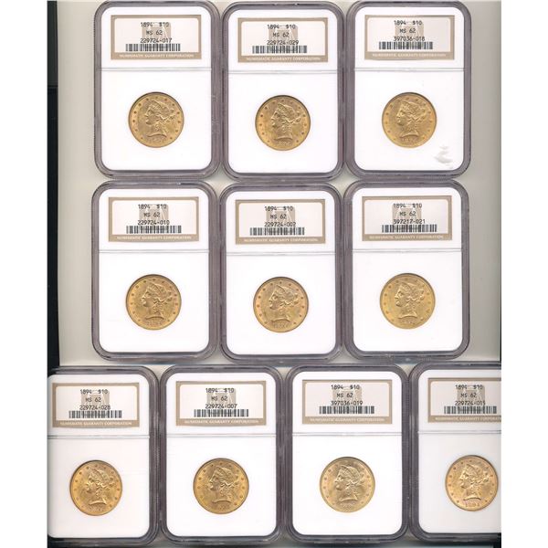 Last Minute! (10) 1894 Gold $10 Liberty Head NGC MS62