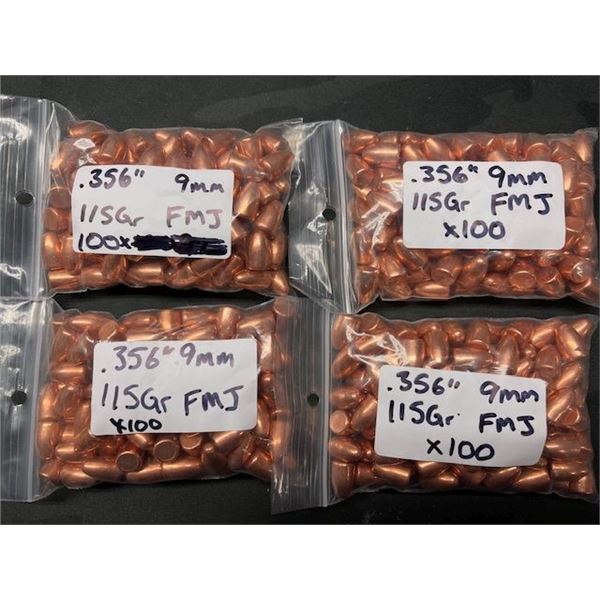 4x100 - 9mm 115gr .356in FMJ BRASS BULLETS