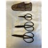 Image 2 : 3 VINTAGE SCISSORS - 3 DIFFERENT SIZES PLUS LEATHER SCISSOR POUCH