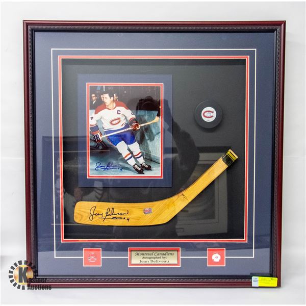 FRAMED STICK AND PICTURE SIGNED BY JEAN BELIVEAU