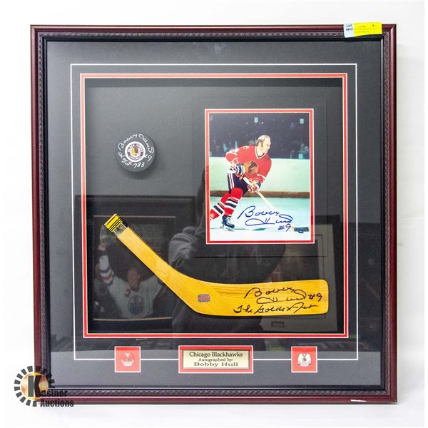 SIGNED FRAMED STICK PUCK AND PHOTO AUTOGRAPHED BY