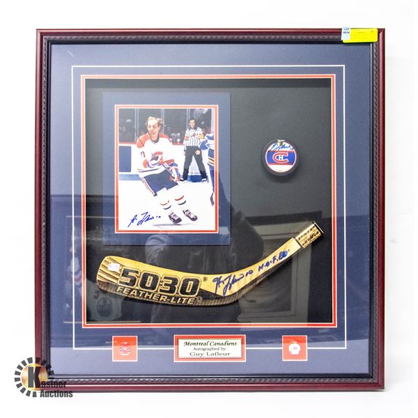 FRAMED SIGNED STICK PUCK AND PICTURE AUTOGRAPHED