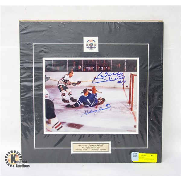"BOWER STOPS HULL" AUTOGRAPHED BY BOBBY HULL &