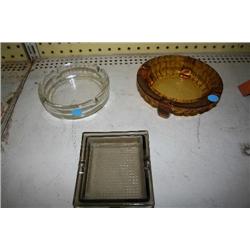 3 ASHTRAYS, 2 CANDLE HOLDERS,& SILVER PITCHER