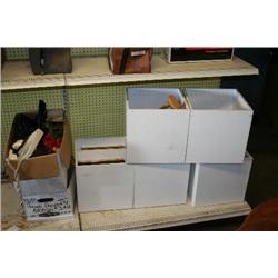 WOODEN STORAGE BINS WITH RECORDS AND MISC.