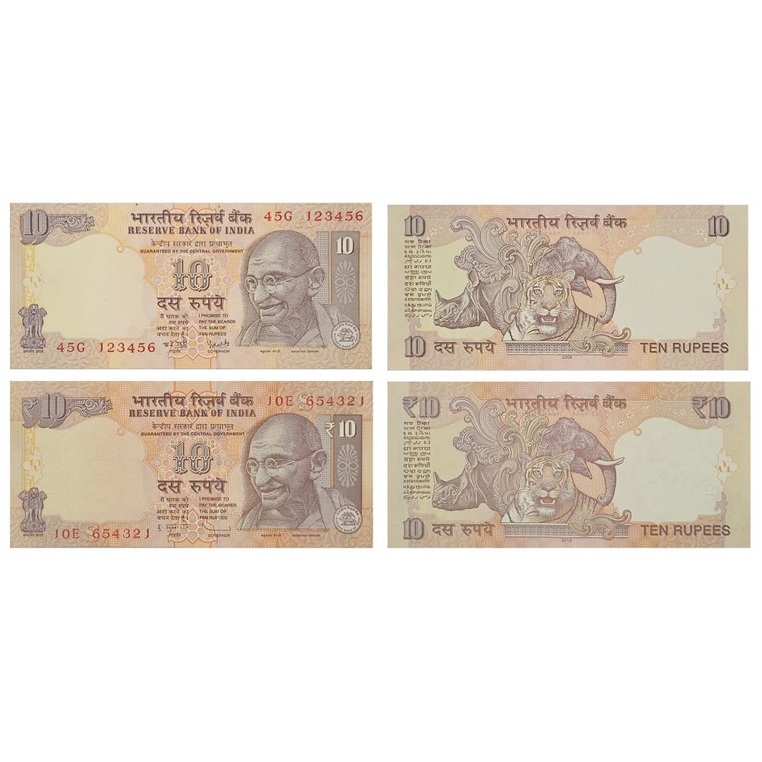 Note Rectangle Things Money Rupres Paper Money, Republic India, 10 Rupees, set of 2 notes