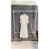 Image 1 : WHITE FLOOR LENGTH SHAWL COLLAR DRESS EMBELLISHED WITH SILVER SEQUINS AND ROSETTE