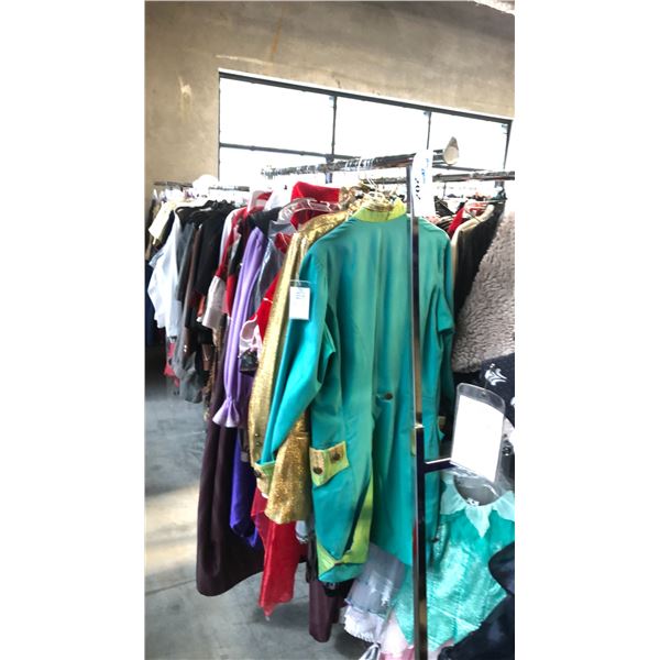 DOUBLE RACK OF MISC COSTUMES INCLUDING BAND , GYPSY, ELF, DISCO, MORTICIA, OKTOBERFEST & MORE