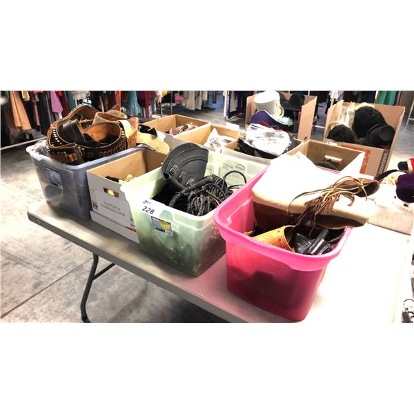 BINS OF WESTERN GEAR, HOLSTERS, BELTS, WHIPS, CHAPS, LEATHER RIDING GLOVES ETC