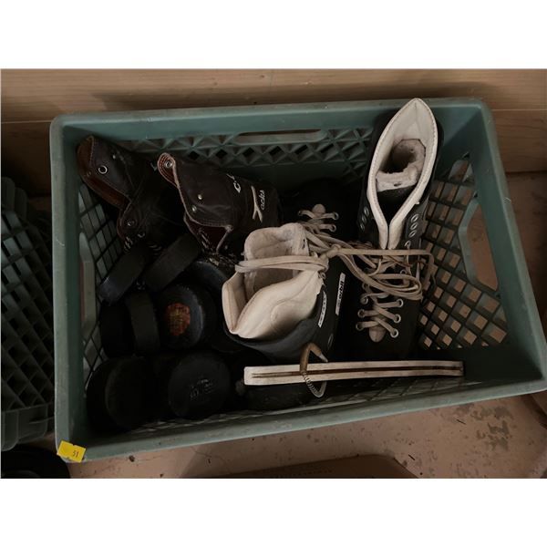 Vintage Hockey Gear- Skates (mens size 10), Helmet, Hockey Pucks plus Winter Boots