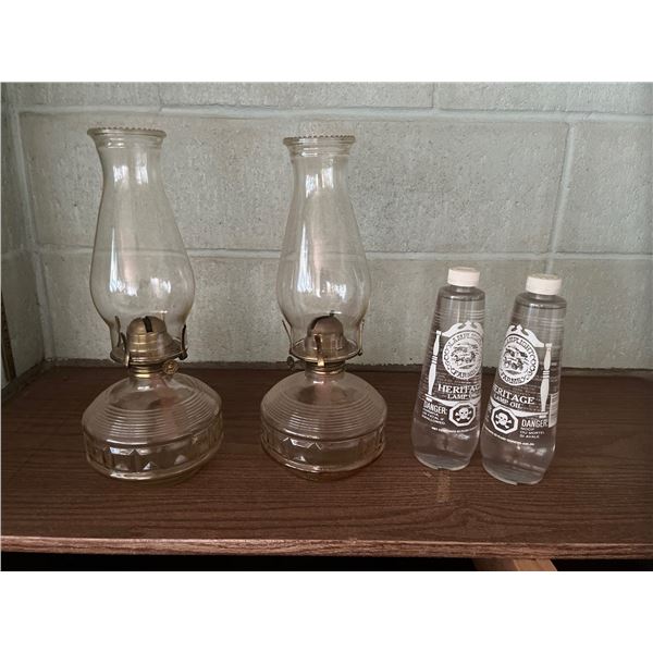 Pair of Vintage Hurricane Lamps plus Two Bottles of Lamp Oil