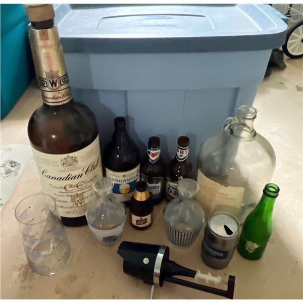 Vintage Bottles, Decanters, Big Glass with Old Drink Recipes