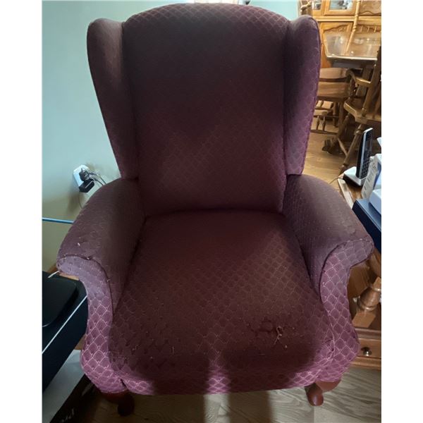Burganady Fabric Queen Anne Style Recliner Chair (worn fabric/staining on arms)
