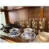 Image 1 : Contents of Shelf -Silver Plated Tea Service, Teacup & Saucer Sets, Glassware and more