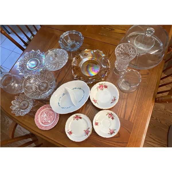 Collection of Crystal and Glass Serving Pieces plus China Pieces including a Red Willow Plate
