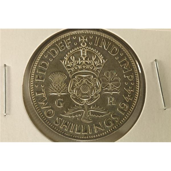 1944 GREAT BRITAIN SILVER 2 SHILLINGS .1818 OZ ASW