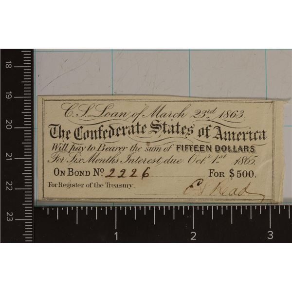 1865 CONFEDERATE STATES OF AMERICA $15 BOND