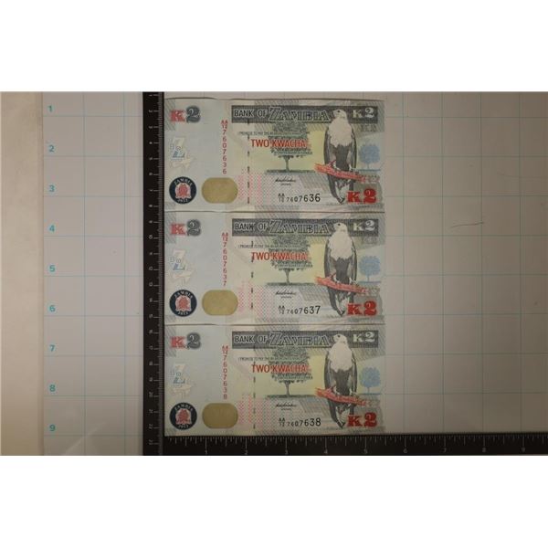 3-2012 ZAMBIA 2 KWACHA CRISP UNC COLORIZED BILLS