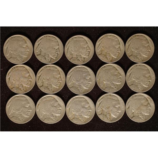 15 ASSORTED BUFFALO NICKELS: 1920-1929