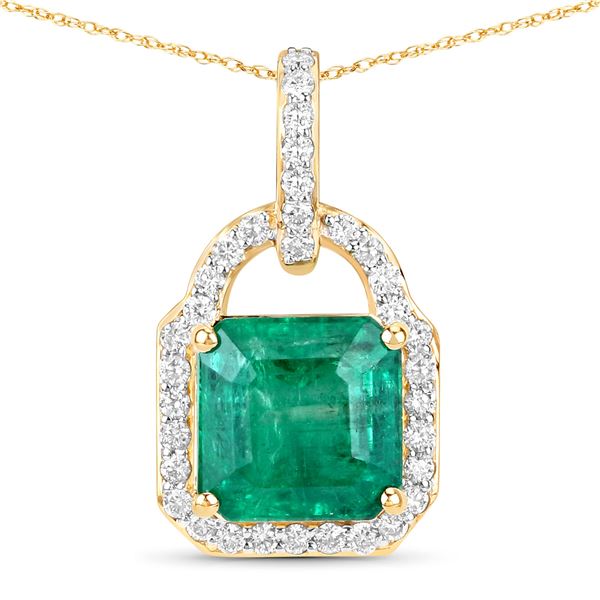 14KT Yellow Gold 3.01ct Zambian Emerald and Diamond Pendant with Chain