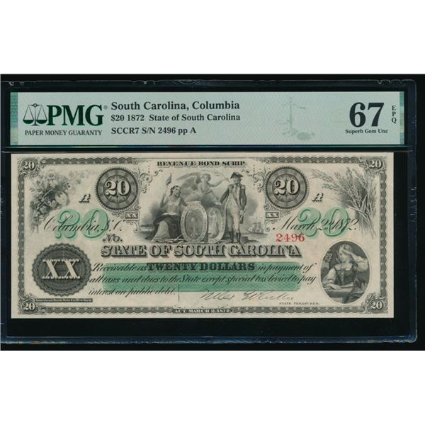 1872 $20 Columbia SC Obsolete PMG 67EPQ