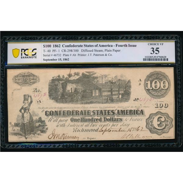 1862 $100 T-40 Confederate PCGS 35