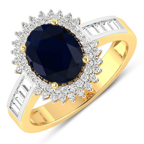 14KT Yellow Gold 2.1ctw Blue Sapphire and Diamond Ring