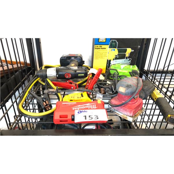 MISCELLANEOUS TOOLS INCL NAILER, SANDER, DRILL BITS, CABLE JUMP STARTER AND MORE