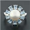 Image 2 : 14k White Gold 9.7mm Round White Pearl Ring w/ 2.00 ctw Oval Cut Aquamarine Halo