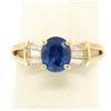 Image 2 : 14k Yellow Gold ROYAL BLUE Sapphire Solitaire Ring Fine Baguette Diamond Accents