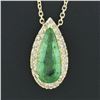 Image 3 : 18K Gold 2.15 ctw Elongated Pear Emerald w/ Diamond Halo Teardrop Pendant Neckla