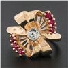Image 2 : Vintage Retro 14K Rose Gold Old Cut Diamond & Red Stone Polished Bow Ribbon Ring