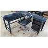 Image 1 : Modular "L" Shaped Black Desk 56" x 52"  w/ 2-Drawer Undercabinet & Rolling Office Chair (pick up Au