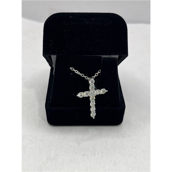 1.20 CT TW Moissanite VVS D Color with 11 Cut Moissanite Set in Cross Set in Sterling Silver Pendant