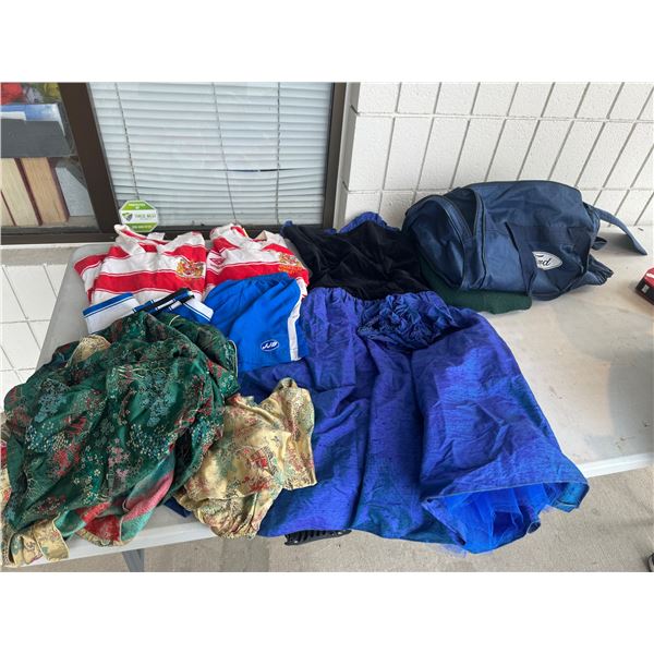 Duffel bag and Vince, clothing, vintage prom dress, etc.