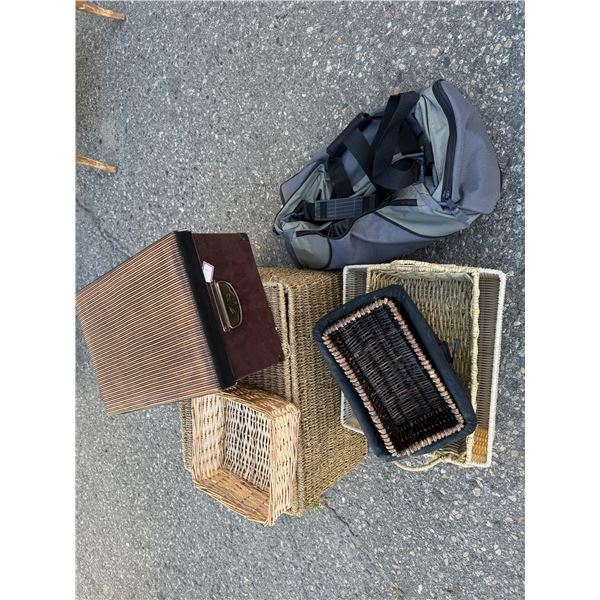 Assorted baskets and duffel bag