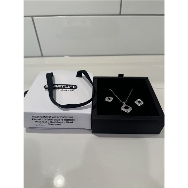 New Smart, life, platinum plated, two-piece, blue sapphire, halo set necklace with stud earrings