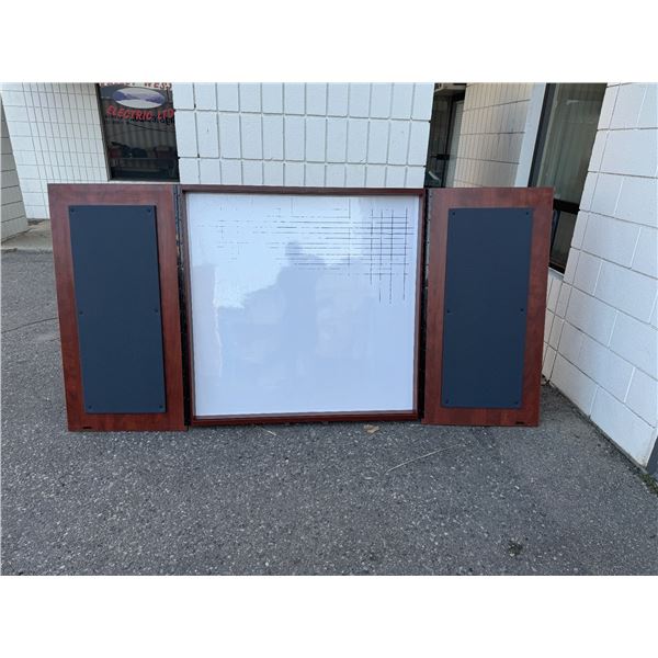 Large whiteboard in case 47 inches wide 5 inches deep 47 1/2 inches tall
