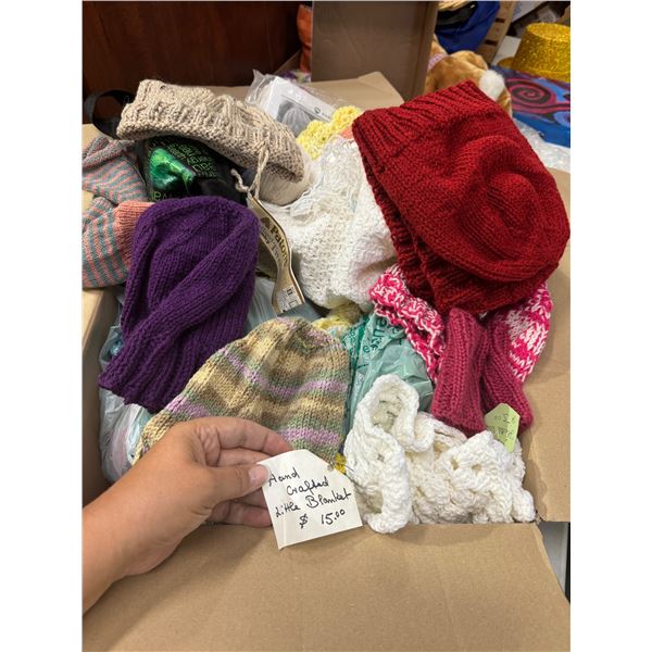 Box of assorted, toques, handmade, and other handmade items