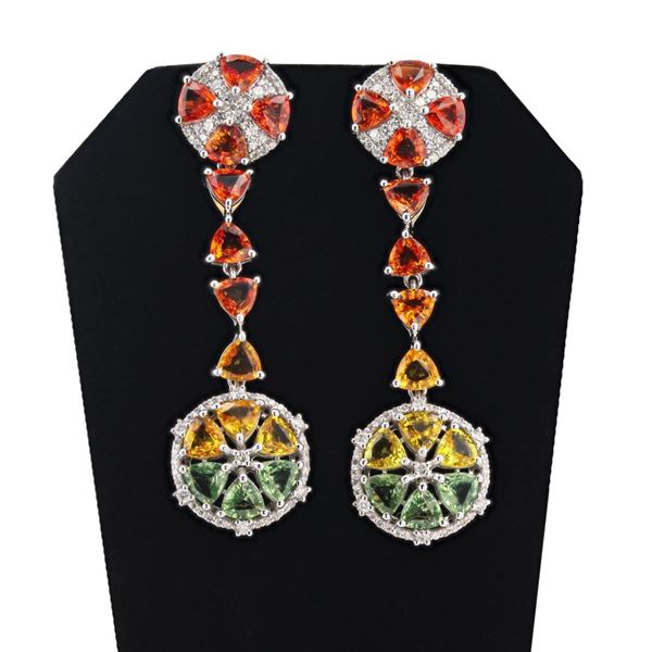 14.27 ctw Multicolor Sapphire and 1.16 ctw Diamond Platinum Dangle Earrings