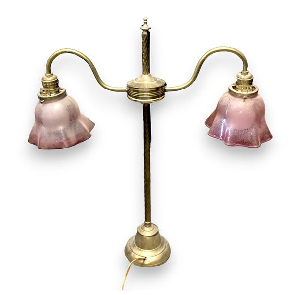 Vintage Brass Dual Light Desk Top Lamp With Pink Engraved Shades