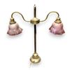 Image 1 : Vintage Brass Dual Light Desk Top Lamp With Pink Engraved Shades