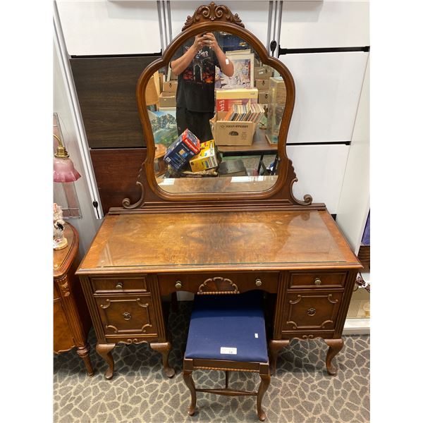 Vintage Carved Wood, Glass Stop Vanity With Stool