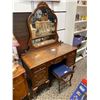 Image 2 : Vintage Carved Wood, Glass Stop Vanity With Stool
