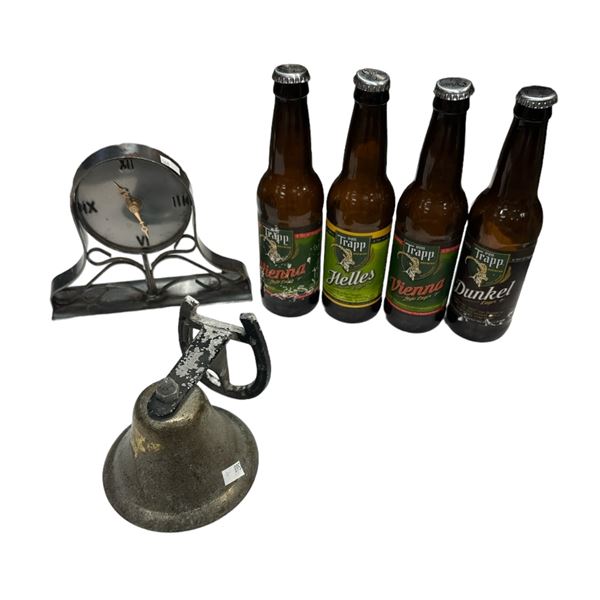 Assorted Collectibles, Vienna Beer Bottles, Horse Shoe Bell, And Clock