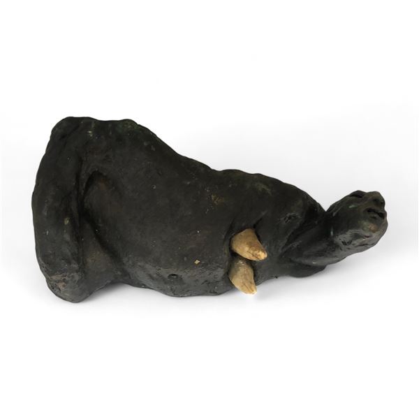Vintage Metal Sculpture Of Man With Pair Of  Whale Teeth