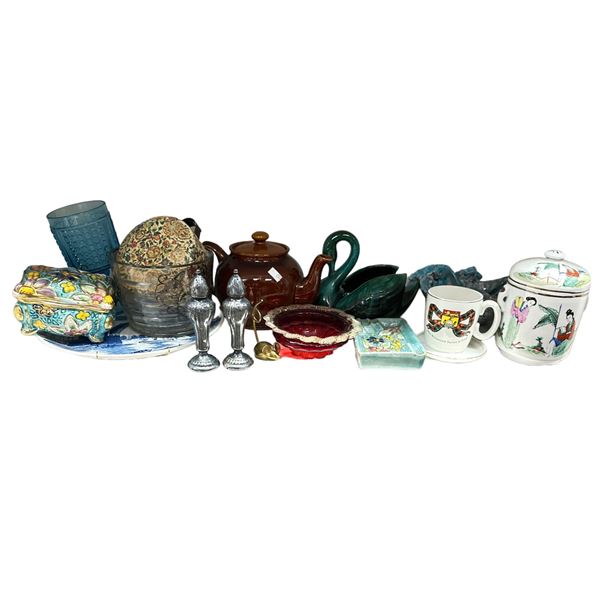Assorted China And Pottery Collectibles, Teapot, Bowl, Salt And Pepper, Ginger Jar, Etc.…