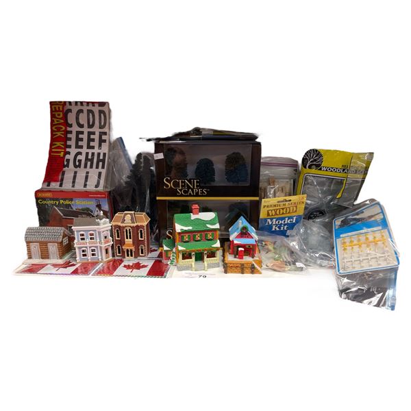 Assorted Model Train Accessories, Buildings, Paint Brushes, Trees, People, Etc.…