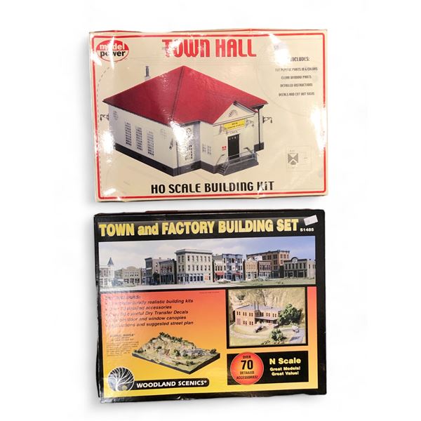 Ho Scale Town Hall Kit, And A Woodland Scenics Town And Factory Building Set N Scale, Both In Box
