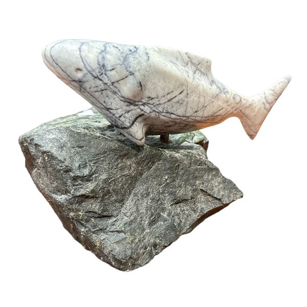 Carved Fish On Possible Raw Jade Rock, Signed Jsidora Markovie 2002